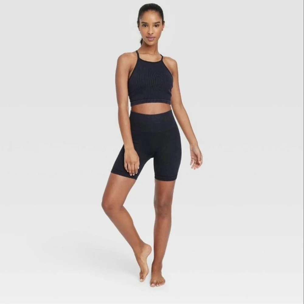 JoyLab Black Onyx Womens High-Rise Ribbed Seamless Bike Shorts 6